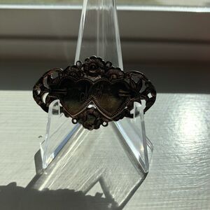 Vtg Bronze Tone Filigree Double Heart Monogram Mother w/ Etch Flowers Brooch Pin